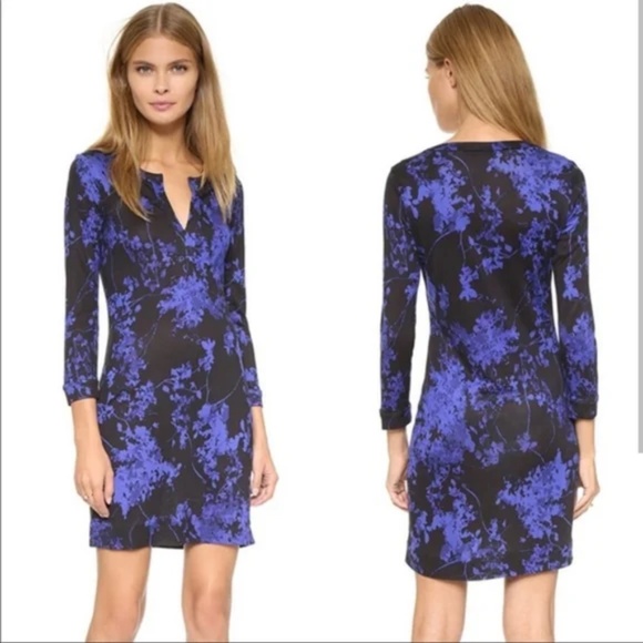 Diane von Furstenberg Black with Blue Flowers Silk Mini Dress Sz 4 - Picture 1 of 16